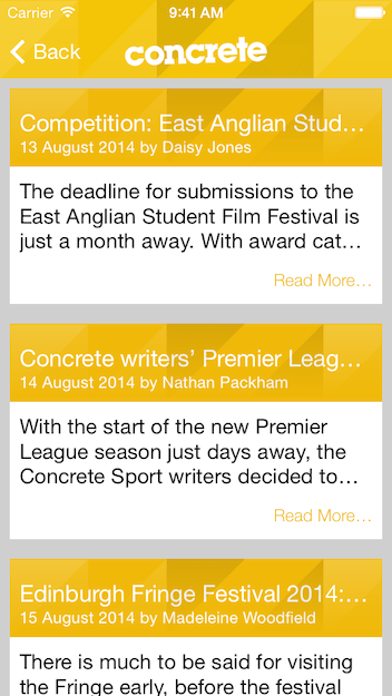 Concrete Student Media magazine articles in iPhone App
