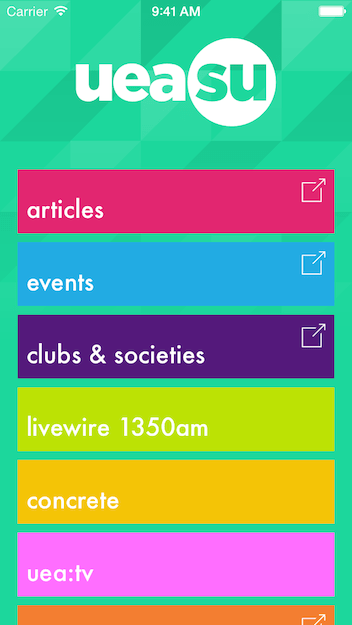 Home screen showing functions of the UEA Students Union iOS app